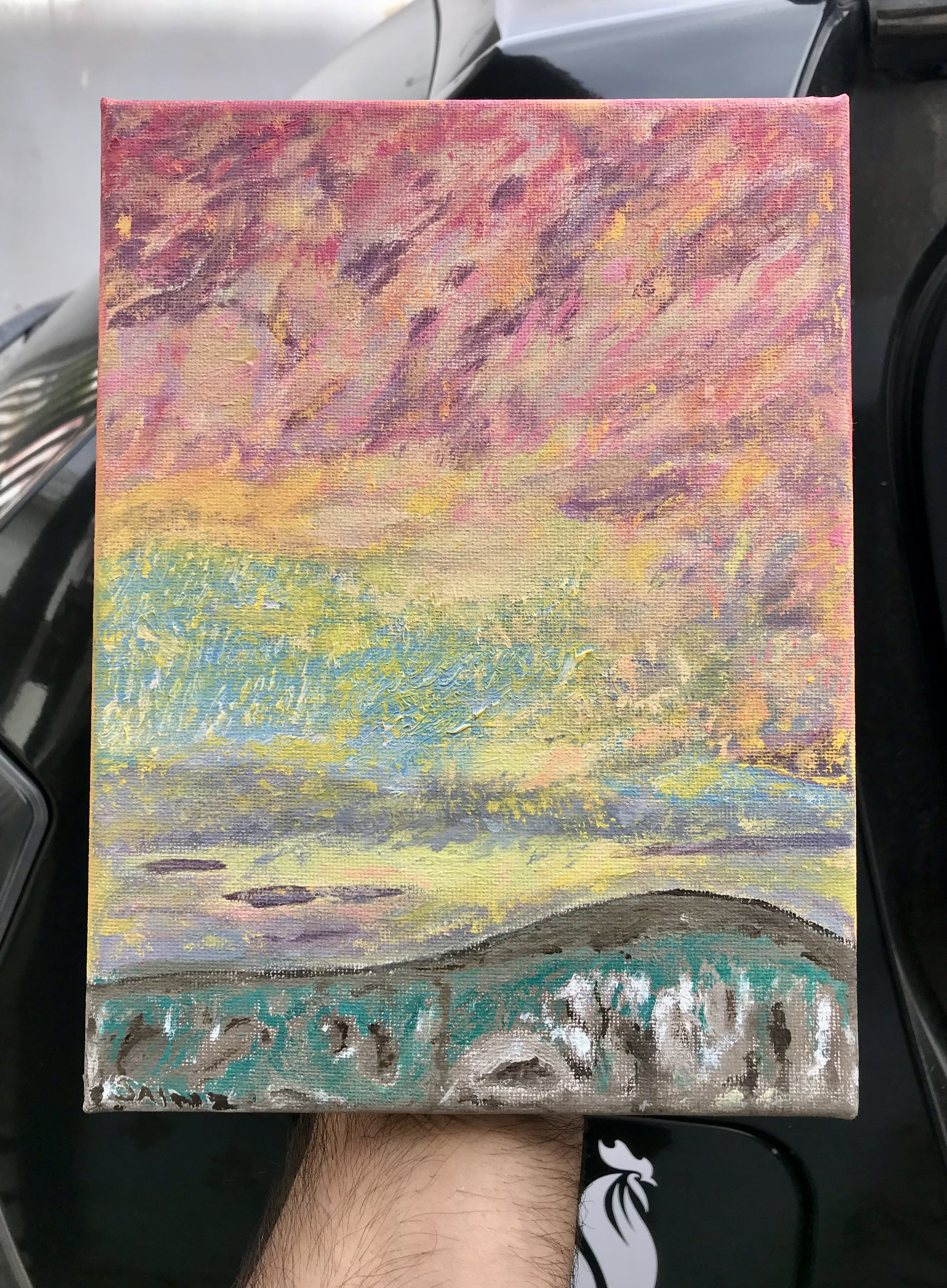 Serenus, composición abstracta al óleo en tonos cálidos y turquesa.